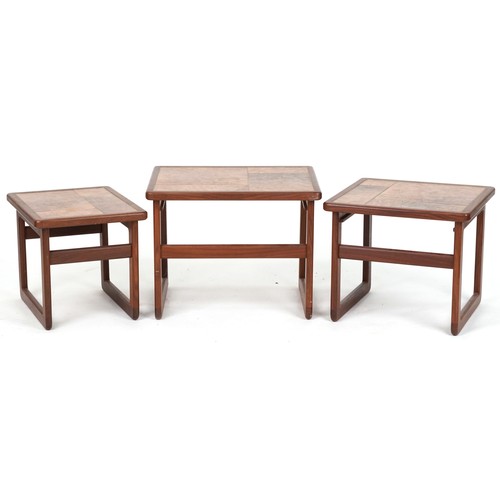 2095 - Nest of three tile top teak occasional tables, the largest 43cm H x 55cm W x 44.5cm D