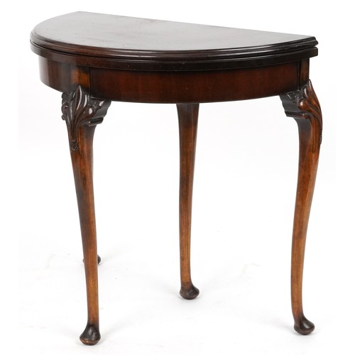 2112 - Georgian style mahogany demi lune card table with baize lined interior on cabriole legs, 74cm H x 80... 