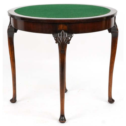 2112 - Georgian style mahogany demi lune card table with baize lined interior on cabriole legs, 74cm H x 80... 