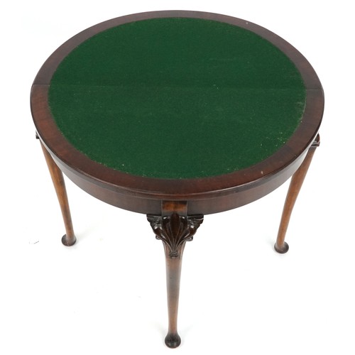 2112 - Georgian style mahogany demi lune card table with baize lined interior on cabriole legs, 74cm H x 80... 