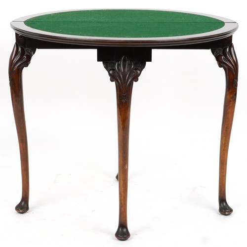 2112 - Georgian style mahogany demi lune card table with baize lined interior on cabriole legs, 74cm H x 80... 