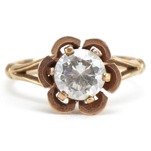 3400 - Antique 9ct gold clear stone flower head ring with split shoulders, size L, 3.0g