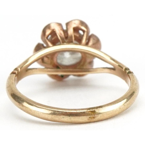 3400 - Antique 9ct gold clear stone flower head ring with split shoulders, size L, 3.0g