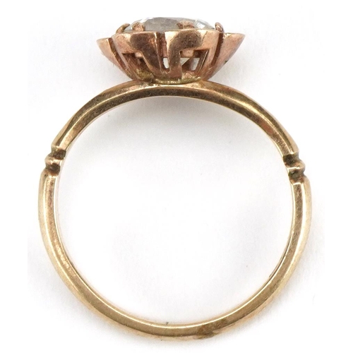 3400 - Antique 9ct gold clear stone flower head ring with split shoulders, size L, 3.0g