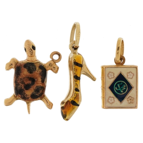 3184 - Three gold and enamel charms comprising 18ct gold Quran, 9ct gold high heeled shoe and unmarked gold... 