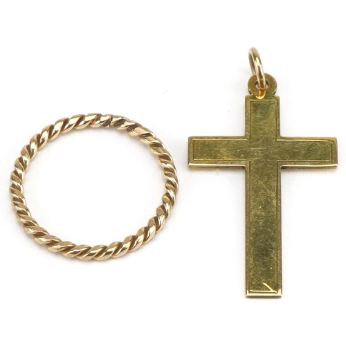 3618 - 9ct gold cross pendant and an unmarked gold rope twist ring, tests as 9ct gold, size J/K, total 2.5g