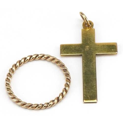 3618 - 9ct gold cross pendant and an unmarked gold rope twist ring, tests as 9ct gold, size J/K, total 2.5g