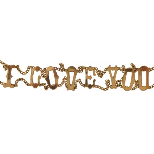 3654 - 9ct gold I love you bracelet, 16cm in length, 4.8g