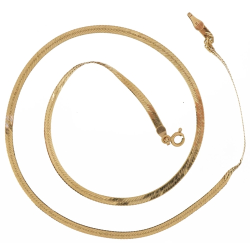 3648 - 9ct gold flattened snake link necklace, 40cm in length, 2.9g