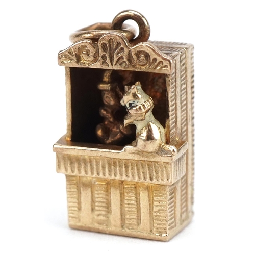 3497 - 9ct gold Punch & Judy puppet show box charm with moving Punch, 1.6cm high, 3.3g