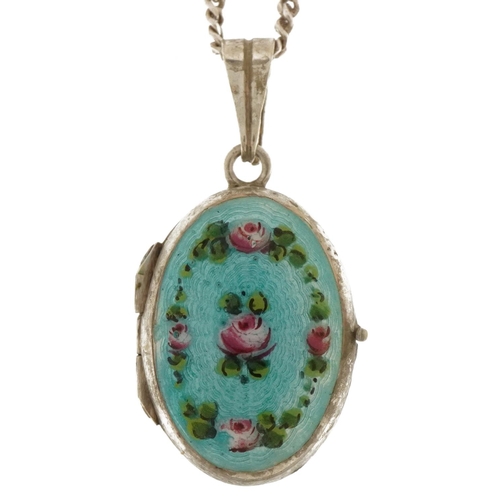 3153 - Continental 830 silver and guilloche enamel locket on a silver necklace, 3.2cm high and 50cm in leng... 