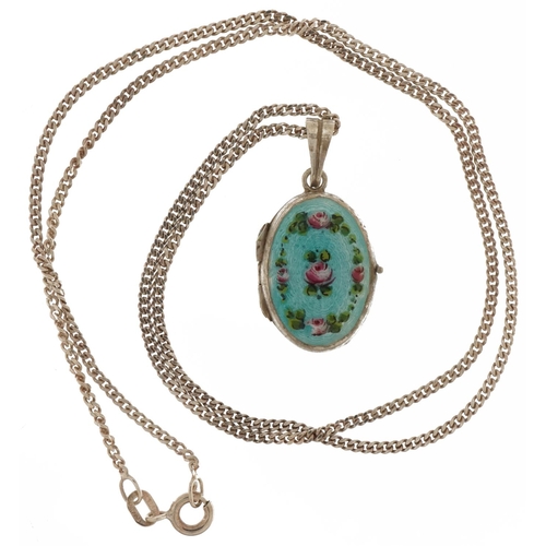 3153 - Continental 830 silver and guilloche enamel locket on a silver necklace, 3.2cm high and 50cm in leng... 