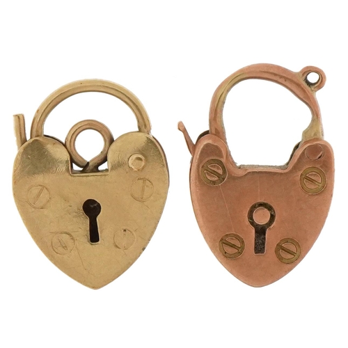 3662 - Two 9ct gold love heart padlocks, 1.4cm and 1.3cm high, total 1.8g