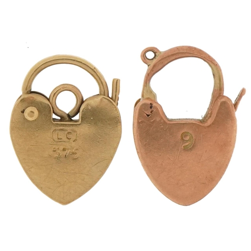 3662 - Two 9ct gold love heart padlocks, 1.4cm and 1.3cm high, total 1.8g