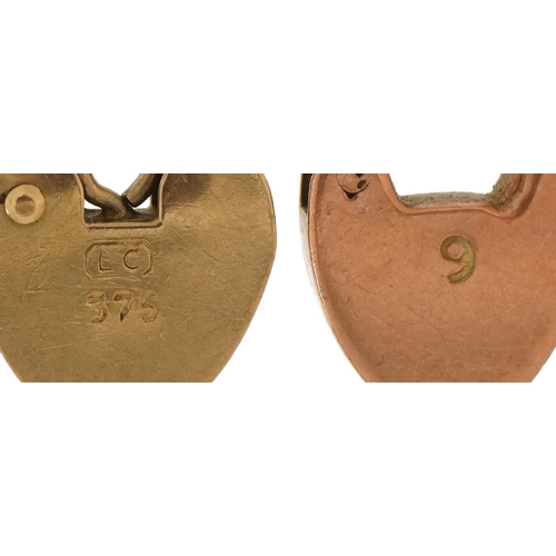 3662 - Two 9ct gold love heart padlocks, 1.4cm and 1.3cm high, total 1.8g