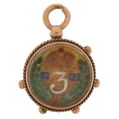 3635 - 9ct gold mounted pendant housing an Edward VII 1902 enamelled Maundy three pence, 2.2cm high, 5.0g