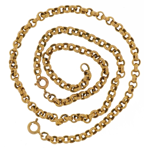 3403 - Yellow metal Belcher link necklace with 9ct gold clasp, 43cm in length, 7.5g