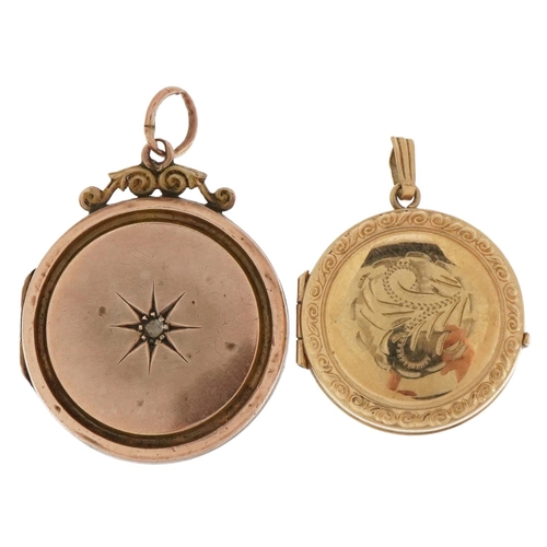 3432 - 9ct gold floral engraved locket and a 9ct gold back and front locket set with a diamond, the largest... 