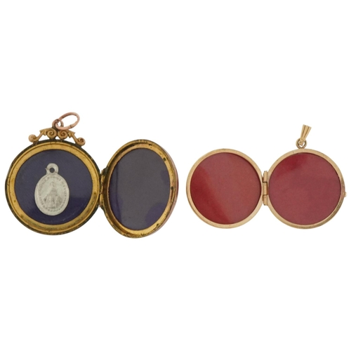 3432 - 9ct gold floral engraved locket and a 9ct gold back and front locket set with a diamond, the largest... 