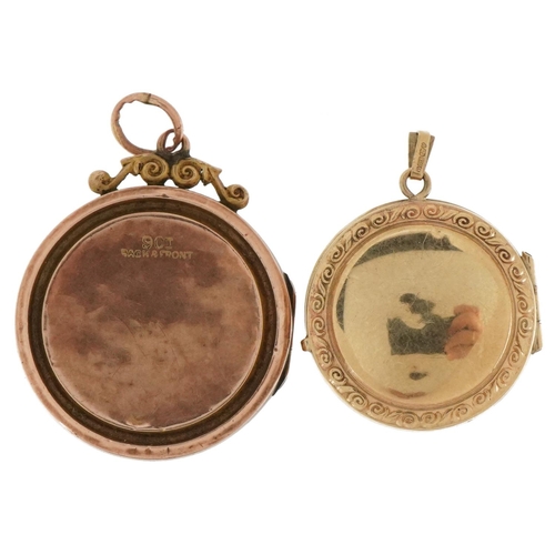 3432 - 9ct gold floral engraved locket and a 9ct gold back and front locket set with a diamond, the largest... 