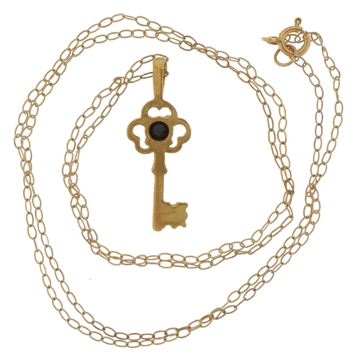 3693 - Yellow metal sapphire key pendant on a 9ct gold necklace, 2cm high and 40cm in length, total weight ... 