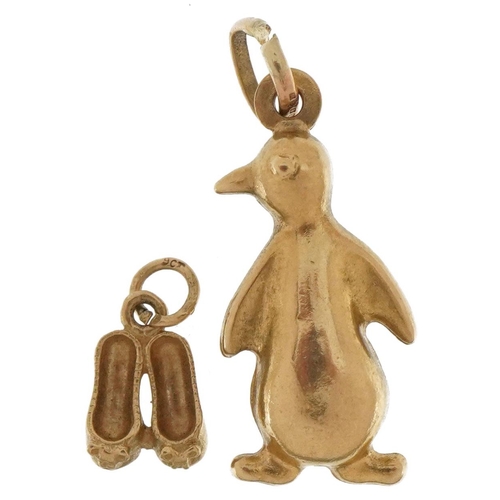 3700 - Two 9ct gold charms comprising penguin and pair of slippers, the largest 2.4cm high, total 1.8g