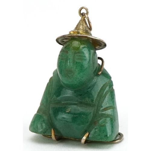 3710 - Chinese 14ct gold green jade Buddha pendant, 3cm high, 9.0g