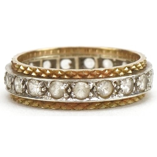 3541 - 9ct two tone gold clear stone half eternity ring, size L/M, 3.2g