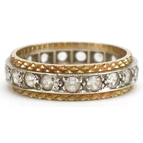 3541 - 9ct two tone gold clear stone half eternity ring, size L/M, 3.2g