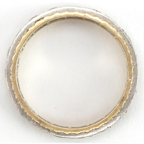 3541 - 9ct two tone gold clear stone half eternity ring, size L/M, 3.2g