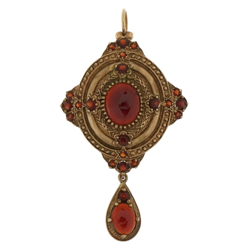 3053 - Victorian style 9ct gold Etruscan Revival Bohemian garnet pendant brooch with drop, 6.5cm high, 13.8... 