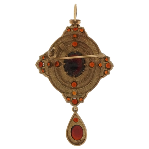 3053 - Victorian style 9ct gold Etruscan Revival Bohemian garnet pendant brooch with drop, 6.5cm high, 13.8... 