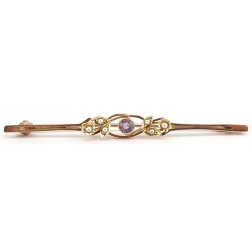 3333 - Edwardian 15ct gold amethyst and seed pearl bar brooch, 5.5cm wide, 2.4g