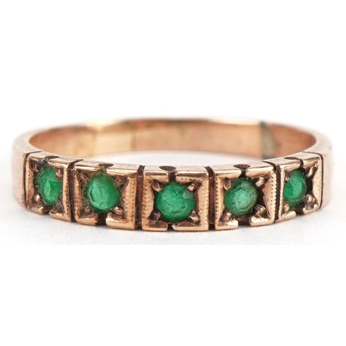 3412 - 9ct gold emerald five stone half eternity ring, indistinct marks, size L, 1.9g