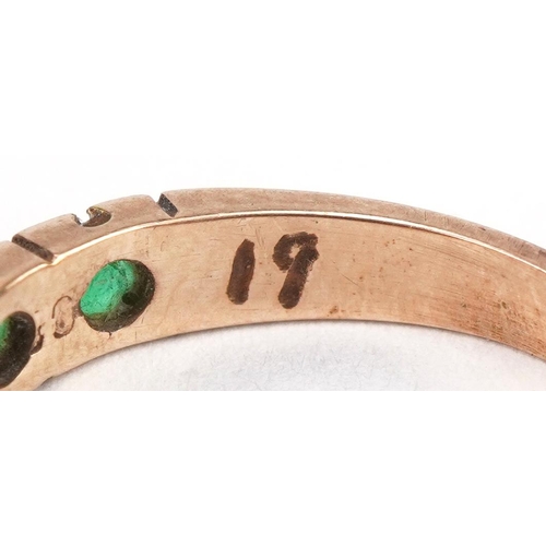 3412 - 9ct gold emerald five stone half eternity ring, indistinct marks, size L, 1.9g