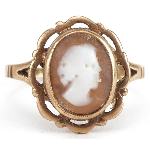 3521 - 9ct gold cameo shell ring carved with a maiden head, size L, 2.5g