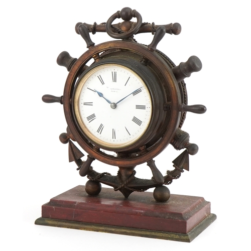 5 - 19th century patinated bronze and red marble mantle clock in the form of a ship's wheel with circula... 