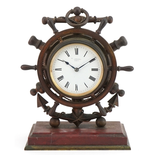 5 - 19th century patinated bronze and red marble mantle clock in the form of a ship's wheel with circula... 