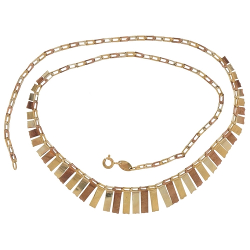 3335 - Modernist 9ct three tone gold graduated necklace, 42cm in length, 7.0g