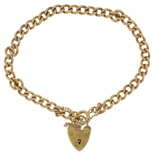 3490 - 9ct rose gold bracelet with 9ct gold love heart padlock, 16cm in length, 10.9g