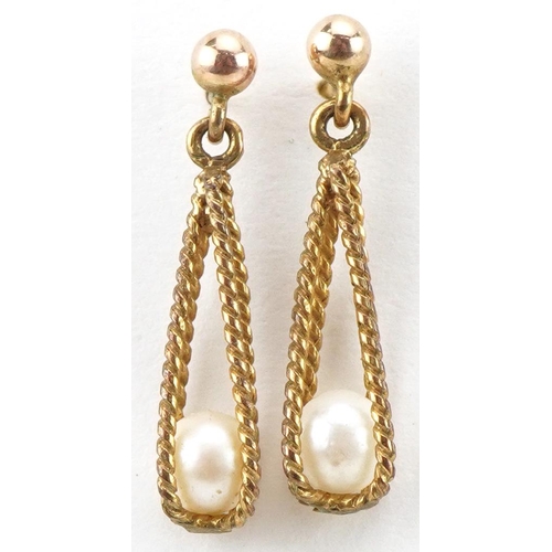 3520 - Pair of 9ct gold simulated pearl cage design drop earrings, 2.2cm high, 1.2g