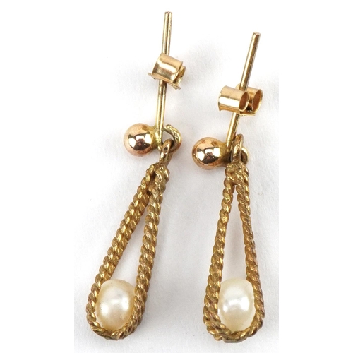 3520 - Pair of 9ct gold simulated pearl cage design drop earrings, 2.2cm high, 1.2g