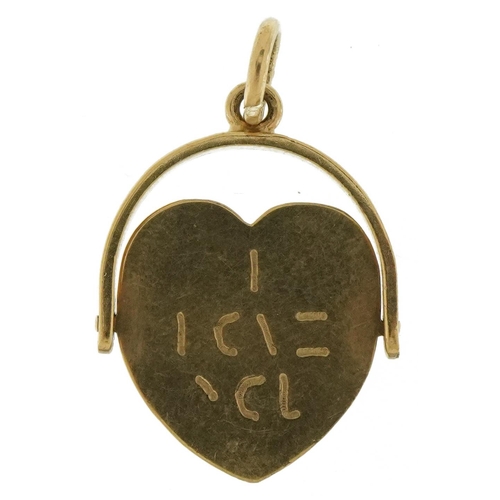 3633 - 9ct gold I love you love heart spinner fob, 1.9cm high, 1.3g