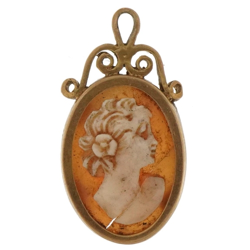 3636 - 9ct gold cameo shell pendant carved with a maiden head, 2.1cm high, 1.4g