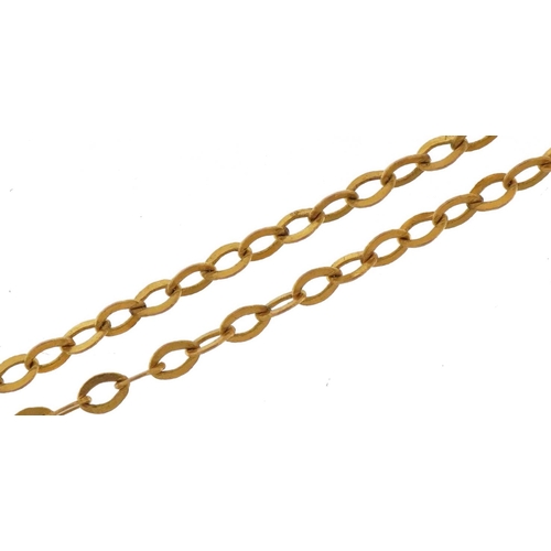 3496 - 9ct gold fine flattened chain link necklace with barrel clasp, 40cm in length, 0.9g