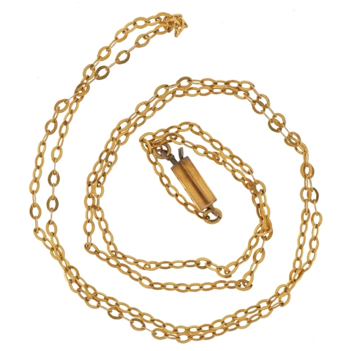 3496 - 9ct gold fine flattened chain link necklace with barrel clasp, 40cm in length, 0.9g