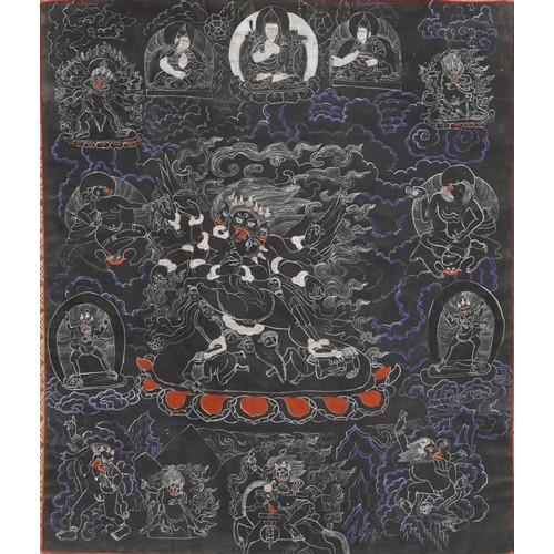 428 - Tibetan wall hanging Buddhist thangka hand painted with deities and immortals, overall 85cm x 73cm