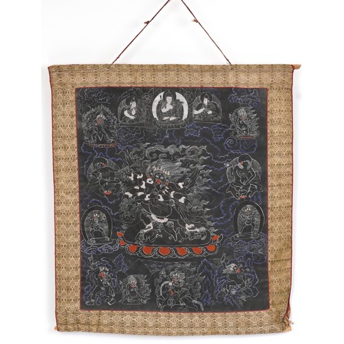 428 - Tibetan wall hanging Buddhist thangka hand painted with deities and immortals, overall 85cm x 73cm