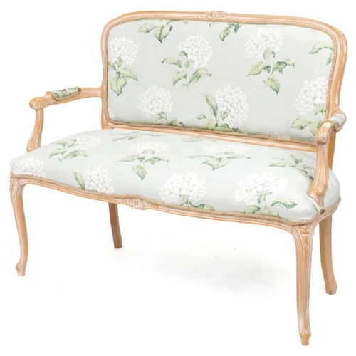 2063 - French style lightwood two seater salon settee on cabriole legs with floral upholstery, 96cm high x ... 