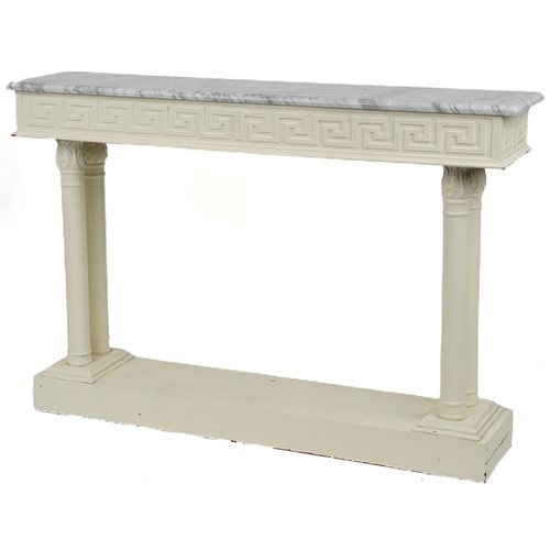 2106 - Contemporary white painted Greek key design console table with marble top, 91cm H x 131.5cm W x 29.5... 